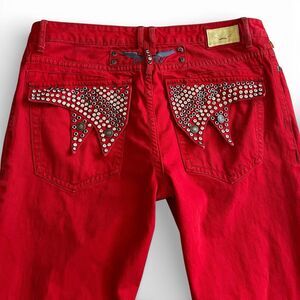 Robin’s Jeans 41x30 Studded Rhinestone Flap Pocket Men’s Size 40 Red Vintage USA